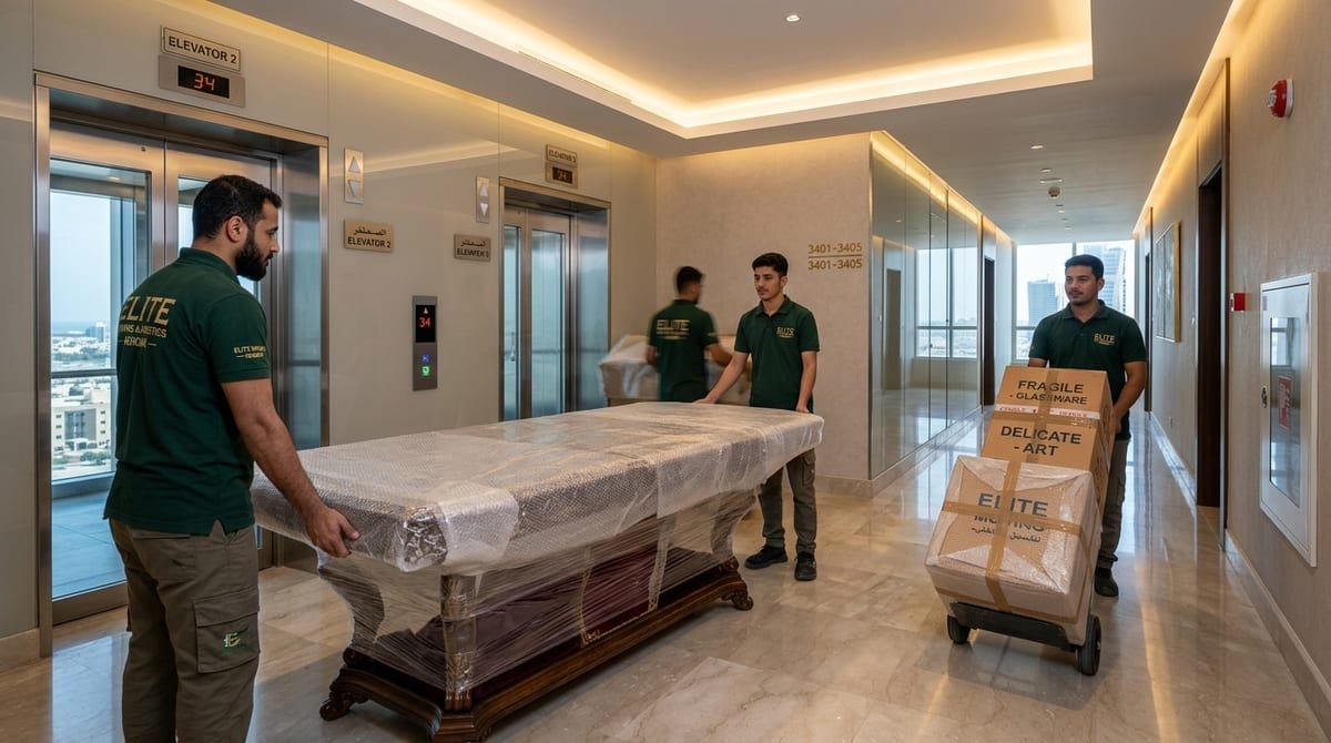 طاقم دار الهنا يتعامل مع أثاث شقة حديثة في ممر برج سكني راقٍ بمدينة الخبر